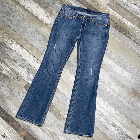 Women's Seven7 Flare Leg Factory Distressed Jeans - Picture 2 of 12